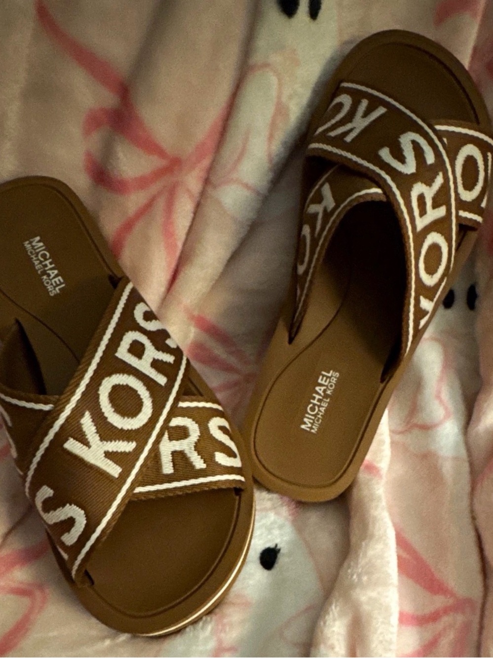 MICHAEL Michael Kors Brown Slide Sandals with White Logo Crossbands